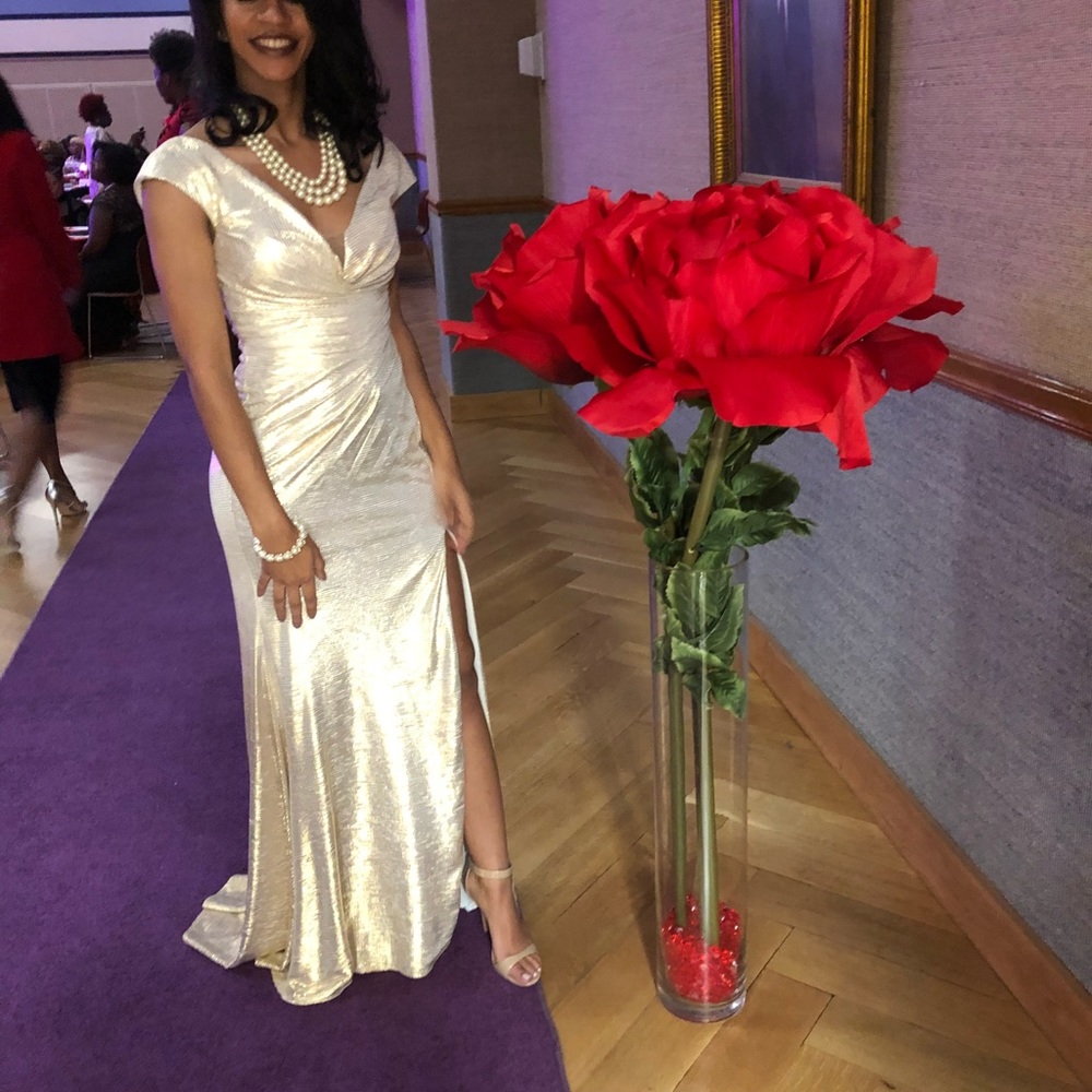 Jovani Gold High Slit Cap Sleeve Dress